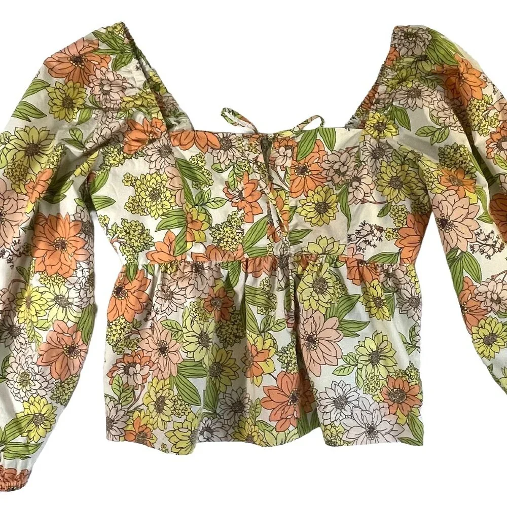 J. Crew Floral Square Neck Peplum Blouse Women's Size 8 Puff Sleeve Cotton